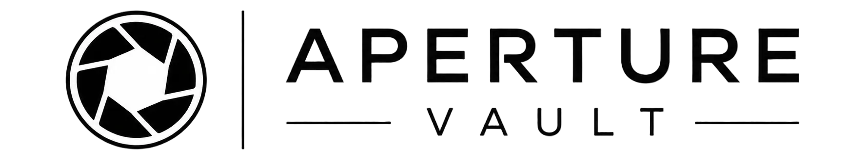 Black Aperture Vault logo on a white background, featuring a circular aperture-style icon and the words 'APERTURE VAULT' in bold uppercase letters.